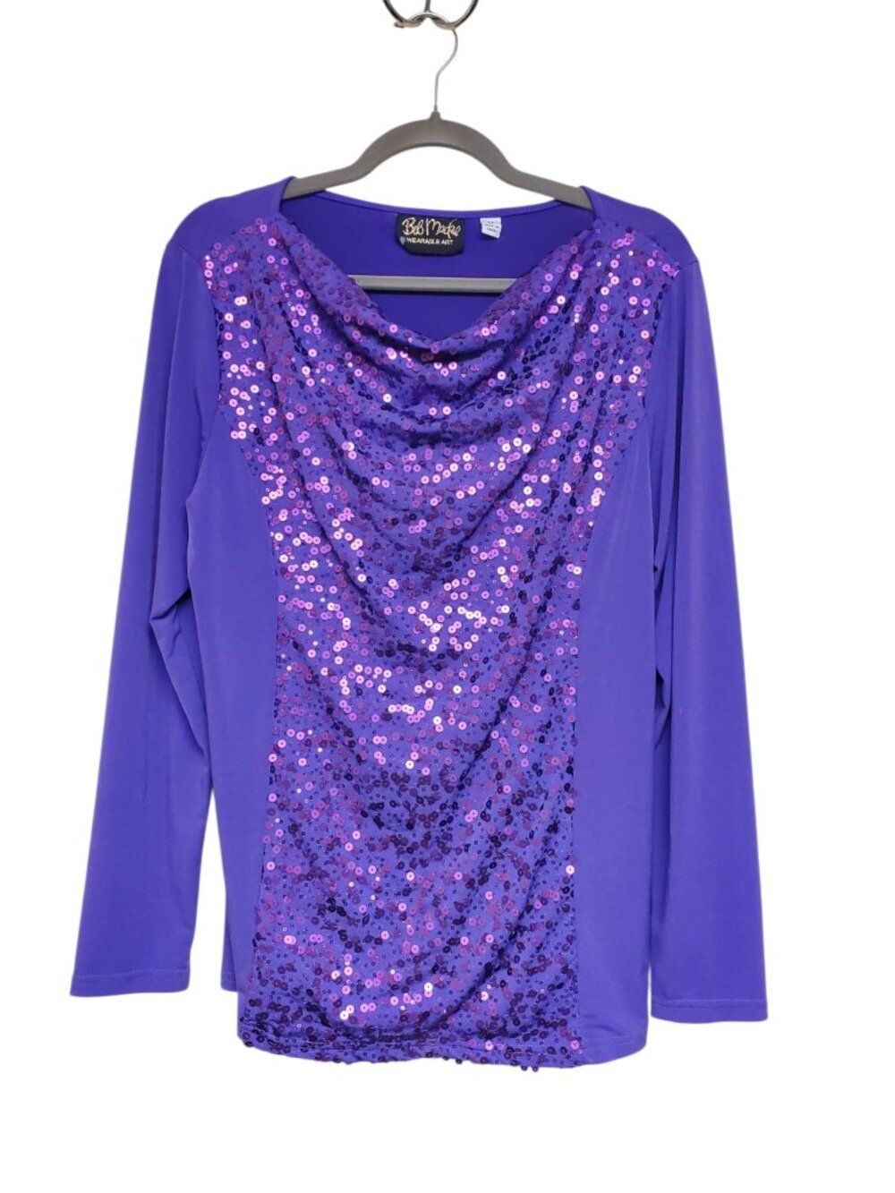 Bob Mackie Wearable Art Vintage Purple Sequin Front Liquid Knit Drape Neck Top M